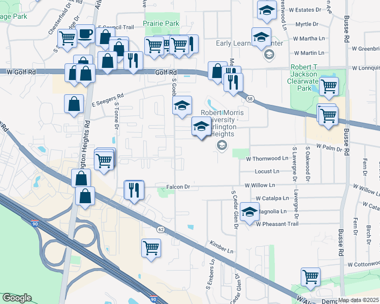 map of restaurants, bars, coffee shops, grocery stores, and more near 2121 South Goebbert Road in Arlington Heights