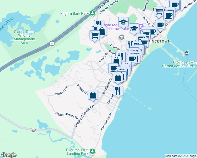 map of restaurants, bars, coffee shops, grocery stores, and more near 39 West Franklin Street in Provincetown