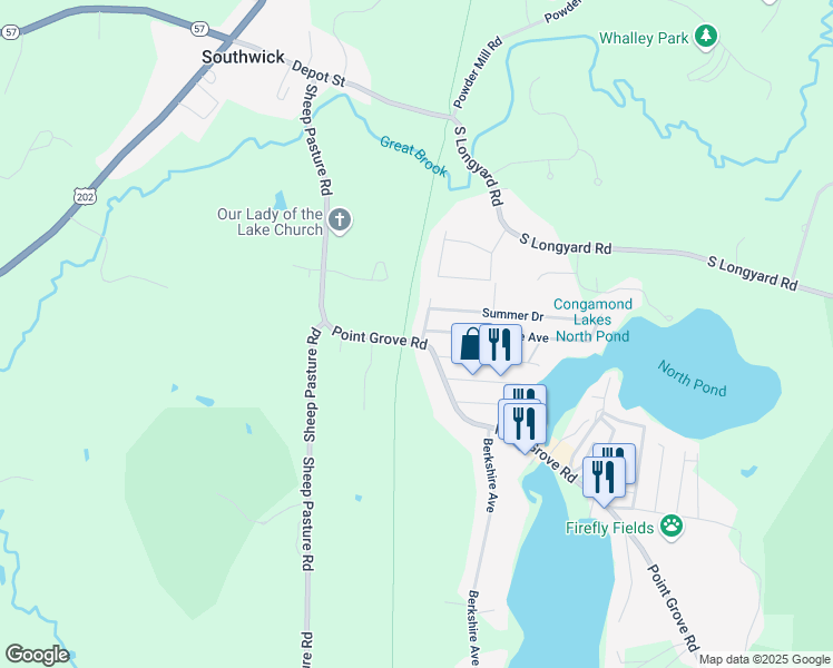 map of restaurants, bars, coffee shops, grocery stores, and more near 20 Point Grove Road in Southwick