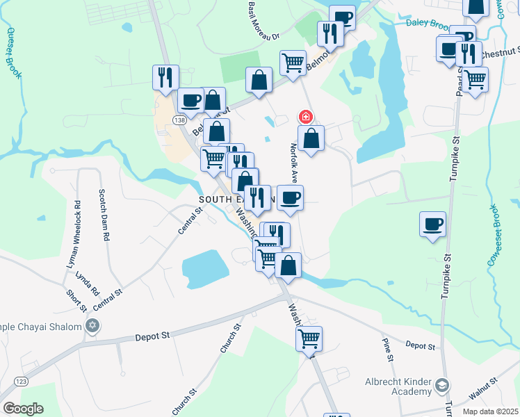 map of restaurants, bars, coffee shops, grocery stores, and more near 8 Randall Lane in Easton