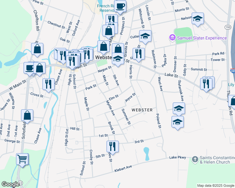 map of restaurants, bars, coffee shops, grocery stores, and more near 40 Elm Street in Webster