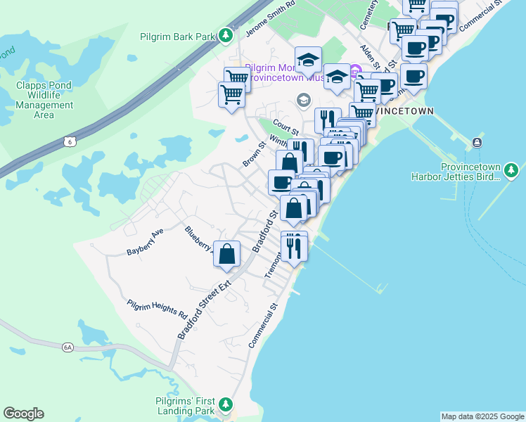 map of restaurants, bars, coffee shops, grocery stores, and more near 26 Bradford Street in Provincetown