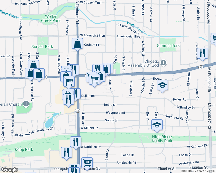 map of restaurants, bars, coffee shops, grocery stores, and more near 290 Beau Drive in Des Plaines