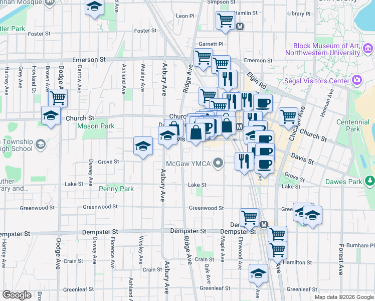 map of restaurants, bars, coffee shops, grocery stores, and more near 1567 Ridge Avenue in Evanston