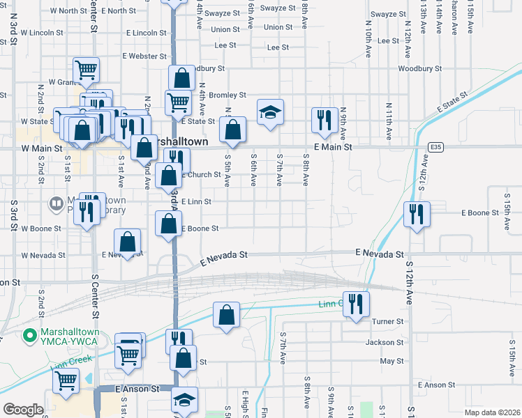 map of restaurants, bars, coffee shops, grocery stores, and more near 601-699 East Linn Street in Marshalltown