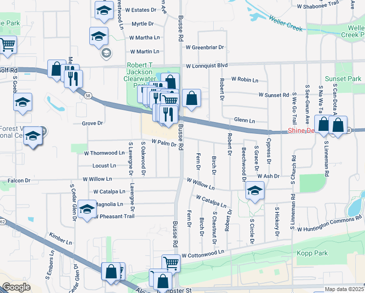 map of restaurants, bars, coffee shops, grocery stores, and more near Busse Road in Mount Prospect