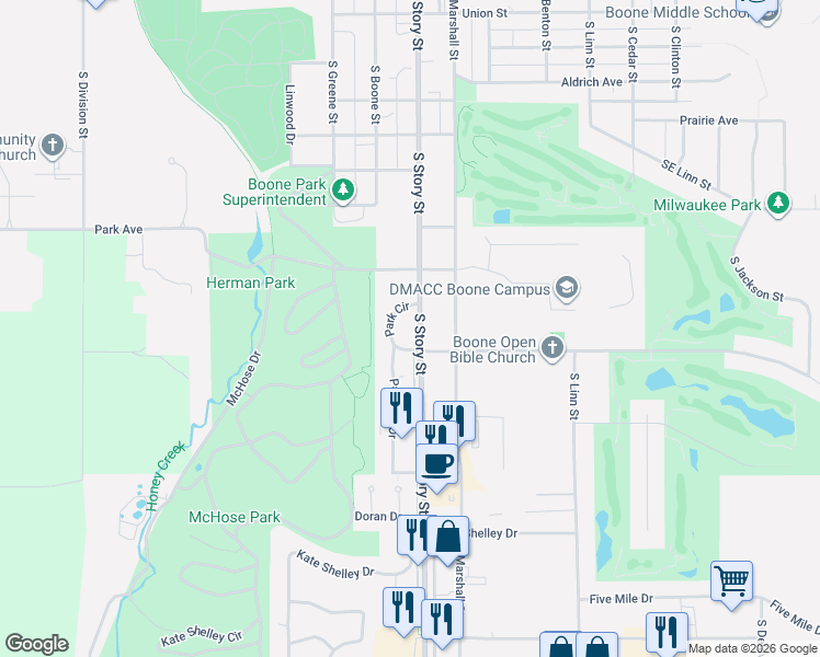 map of restaurants, bars, coffee shops, grocery stores, and more near 925 South Story Street in Boone