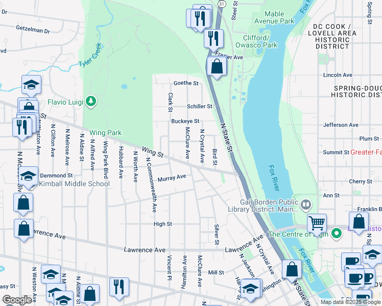 map of restaurants, bars, coffee shops, grocery stores, and more near 519 McClure Avenue in Elgin