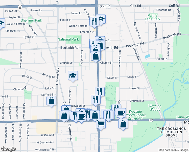 map of restaurants, bars, coffee shops, grocery stores, and more near 9114 Waukegan Road in Morton Grove