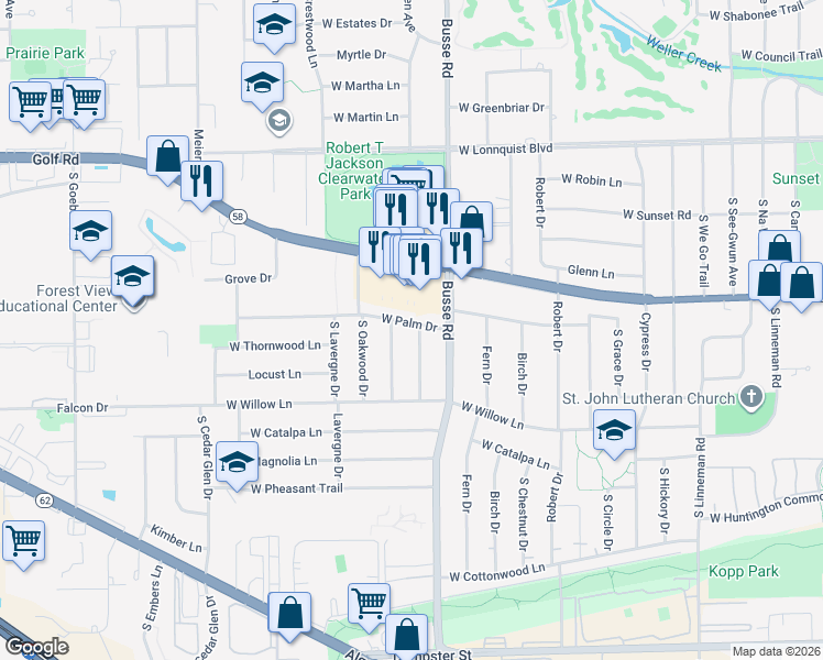 map of restaurants, bars, coffee shops, grocery stores, and more near 1100 South Sprucewood Drive in Mount Prospect