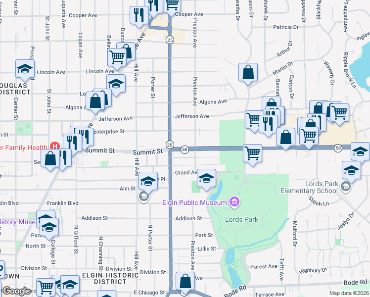 map of restaurants, bars, coffee shops, grocery stores, and more near 630 Summit Street in Elgin