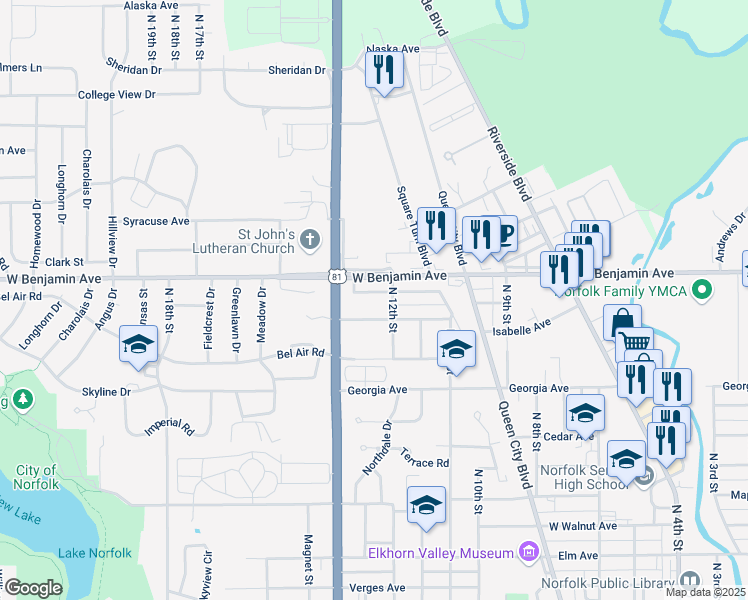 map of restaurants, bars, coffee shops, grocery stores, and more near 1201-1299 Grant Avenue in Norfolk