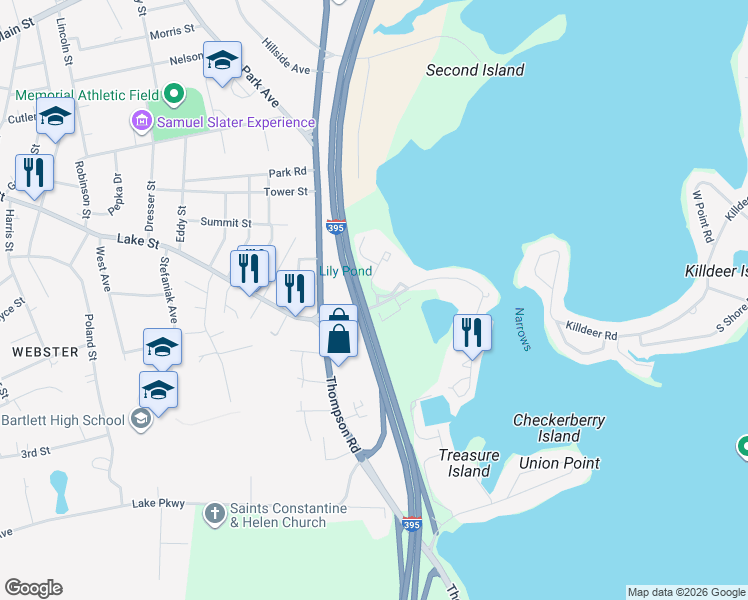 map of restaurants, bars, coffee shops, grocery stores, and more near 801 Beacon Park Road in Webster