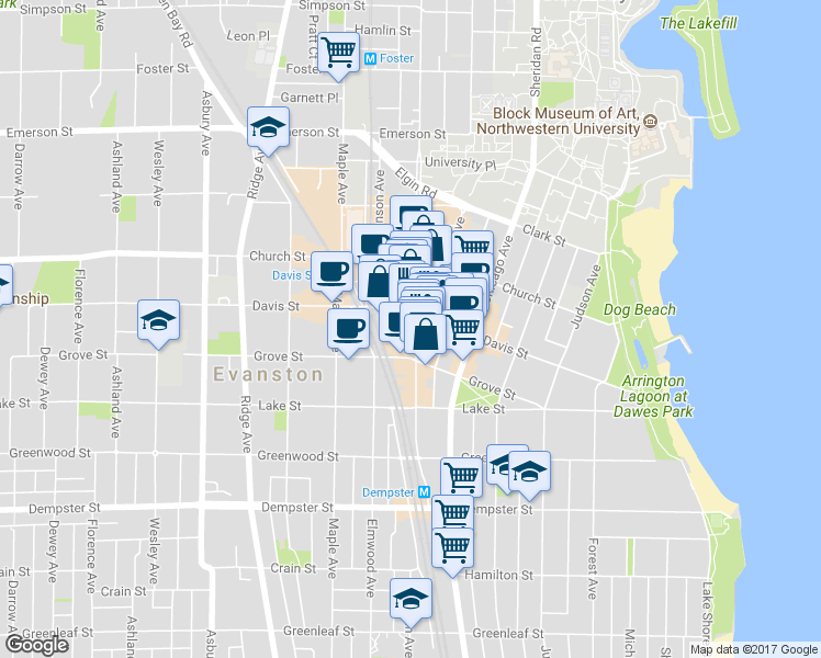 map of restaurants, bars, coffee shops, grocery stores, and more near 1600 Sherman Avenue in Evanston
