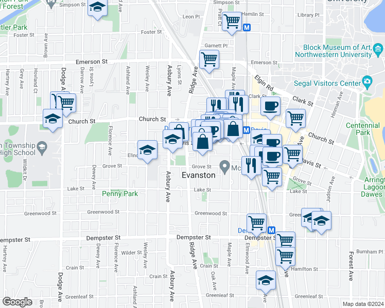 map of restaurants, bars, coffee shops, grocery stores, and more near 1567 Ridge Avenue in Evanston