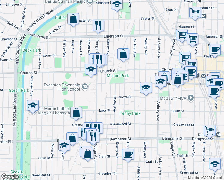 map of restaurants, bars, coffee shops, grocery stores, and more near 1574 Darrow Avenue in Evanston