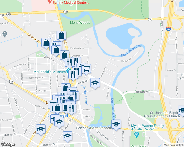 map of restaurants, bars, coffee shops, grocery stores, and more near 389 Elk Boulevard in Des Plaines