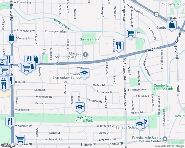 map of restaurants, bars, coffee shops, grocery stores, and more near 240 Brentwood Drive in Des Plaines