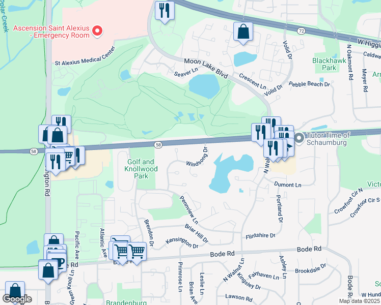 map of restaurants, bars, coffee shops, grocery stores, and more near 1919 Morning Song Court in Schaumburg