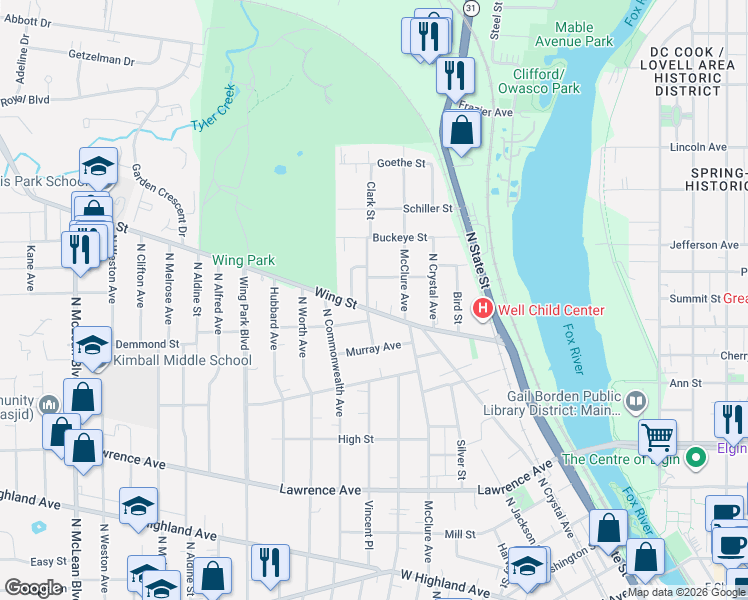 map of restaurants, bars, coffee shops, grocery stores, and more near 517 Clark Street in Elgin