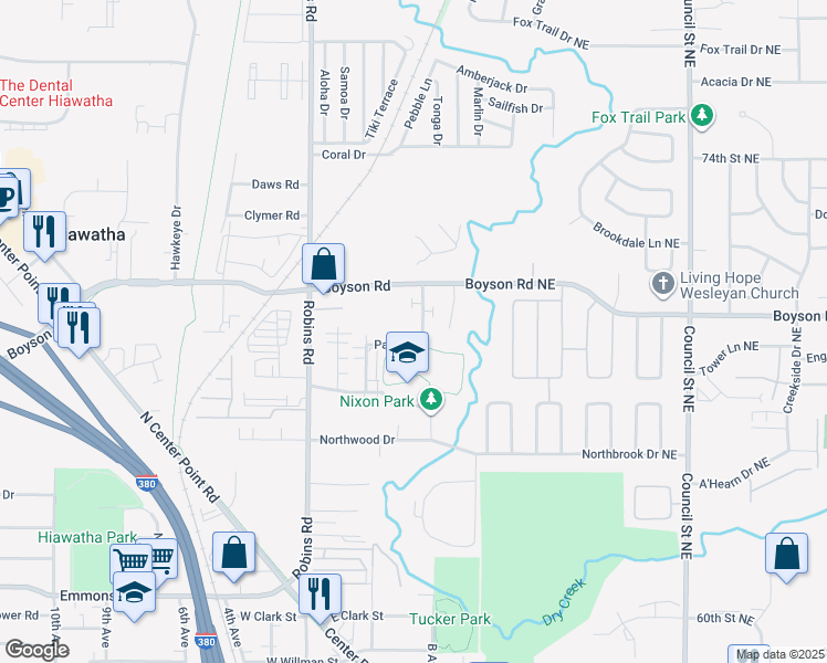 map of restaurants, bars, coffee shops, grocery stores, and more near 840 Terry Avenue in Hiawatha