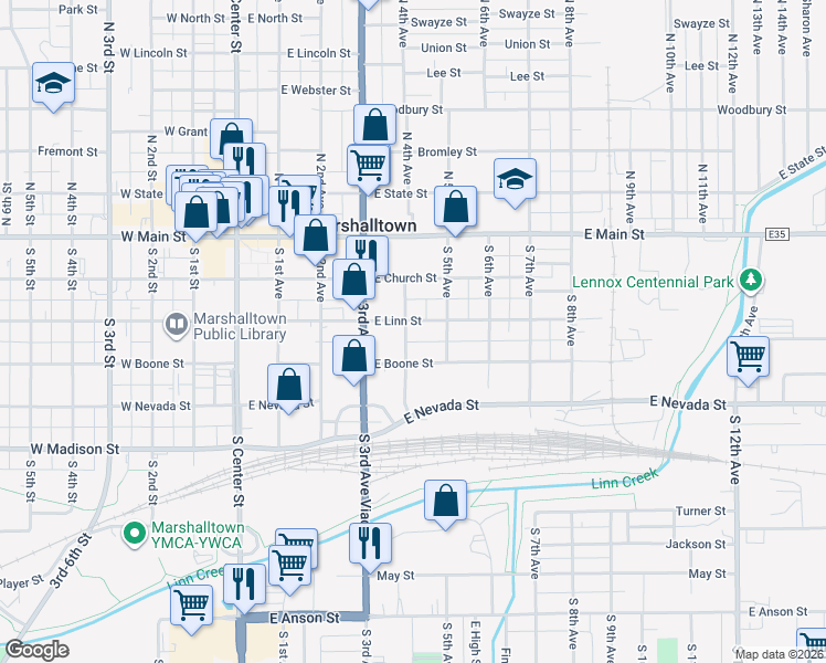 map of restaurants, bars, coffee shops, grocery stores, and more near 401-499 East Linn Street in Marshalltown