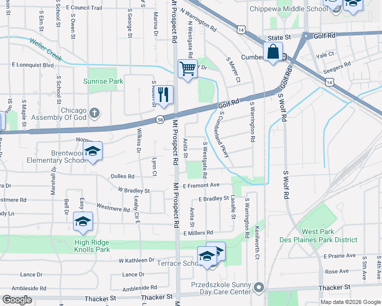 map of restaurants, bars, coffee shops, grocery stores, and more near 159 Harding Avenue in Des Plaines