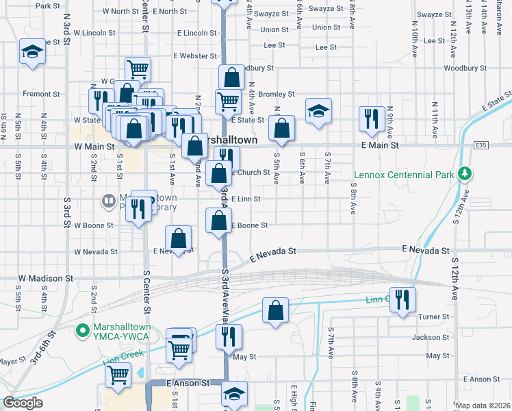 map of restaurants, bars, coffee shops, grocery stores, and more near 401-499 East Linn Street in Marshalltown