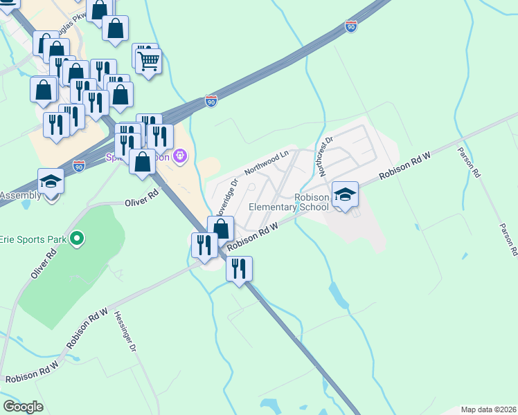 map of restaurants, bars, coffee shops, grocery stores, and more near 8197 Briercrest Drive in Erie