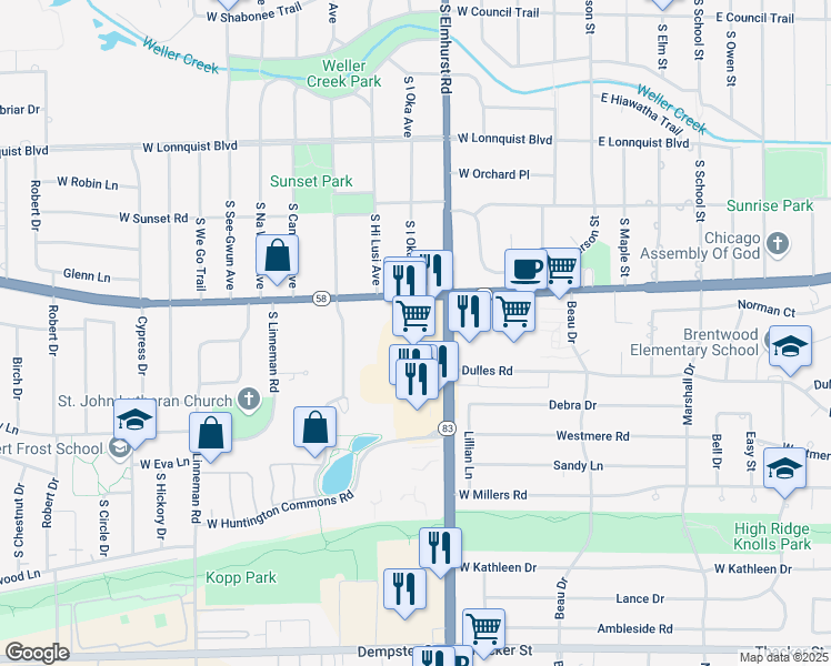 map of restaurants, bars, coffee shops, grocery stores, and more near 1026a Elmhurst Road in Mount Prospect