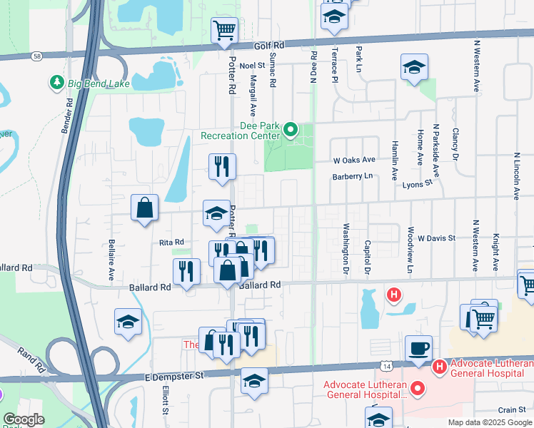 map of restaurants, bars, coffee shops, grocery stores, and more near 9325 West Church Street in Des Plaines