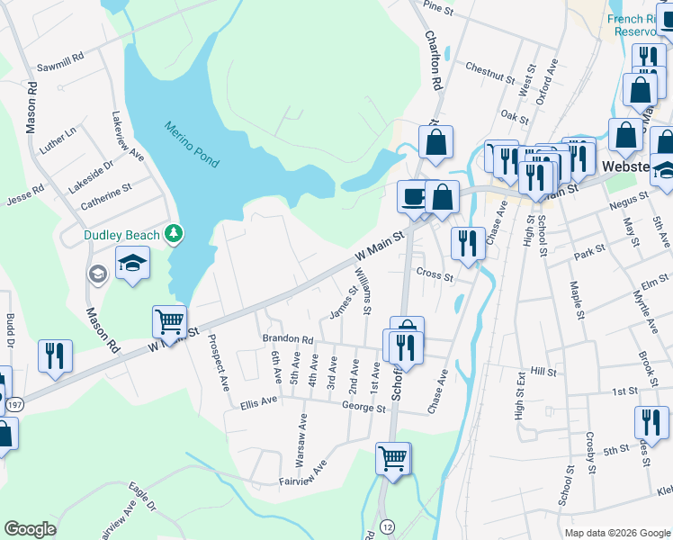 map of restaurants, bars, coffee shops, grocery stores, and more near 61 West Main Street in Dudley