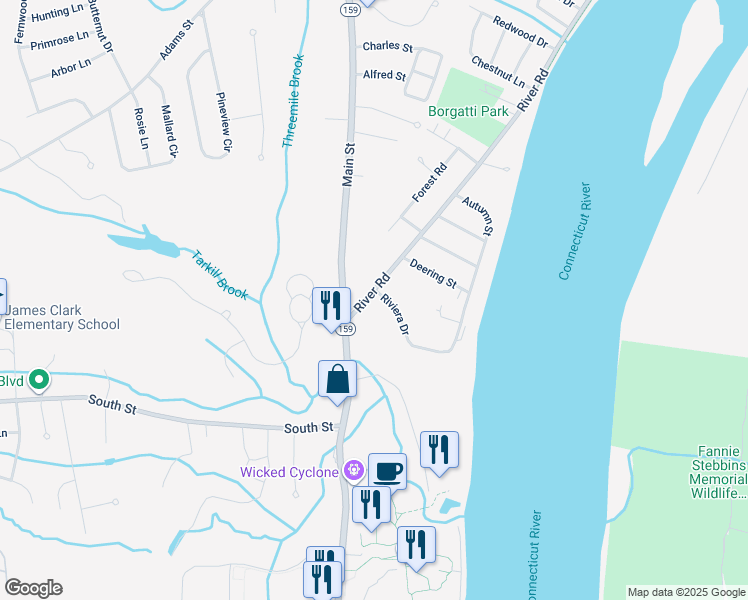 map of restaurants, bars, coffee shops, grocery stores, and more near 34 River Road in Agawam