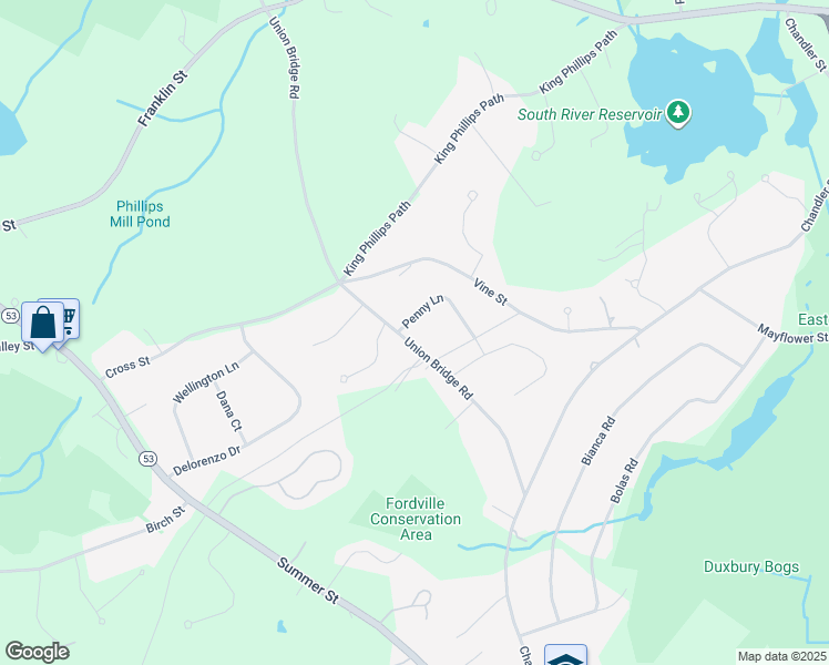 map of restaurants, bars, coffee shops, grocery stores, and more near 141 Union Bridge Road in Duxbury