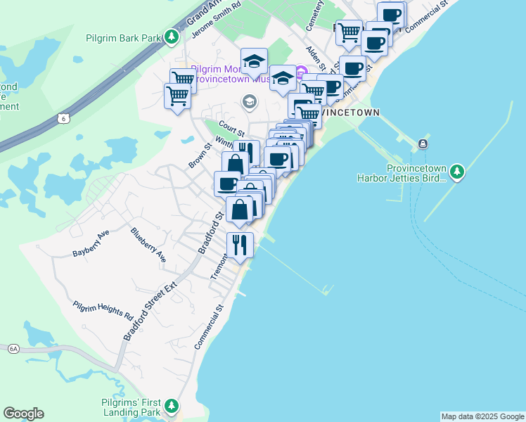 map of restaurants, bars, coffee shops, grocery stores, and more near 149 Commercial Street in Provincetown