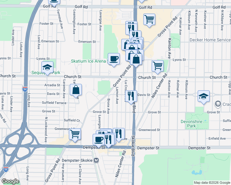 map of restaurants, bars, coffee shops, grocery stores, and more near 9117 Gross Point Road in Skokie