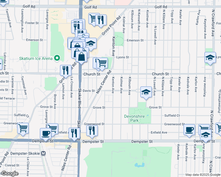 map of restaurants, bars, coffee shops, grocery stores, and more near 4608 Davis Street in Skokie