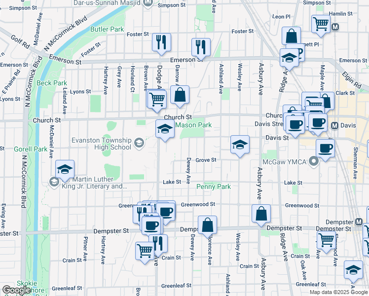 map of restaurants, bars, coffee shops, grocery stores, and more near 1574 Darrow Avenue in Evanston