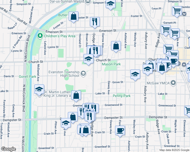 map of restaurants, bars, coffee shops, grocery stores, and more near 1571 Dodge Avenue in Evanston