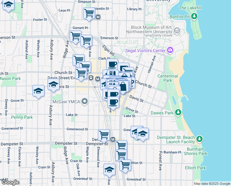 map of restaurants, bars, coffee shops, grocery stores, and more near 626 Davis Street in Evanston