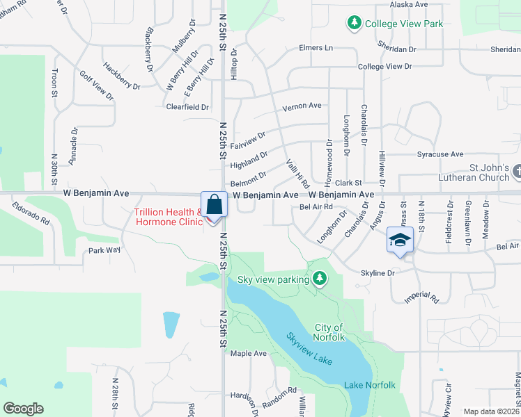map of restaurants, bars, coffee shops, grocery stores, and more near 1201-1299 Lodgeview Drive in Norfolk