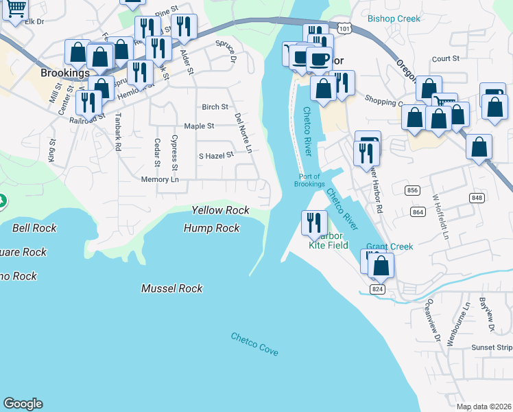 map of restaurants, bars, coffee shops, grocery stores, and more near 109 Sea Cliff Terrace in Brookings