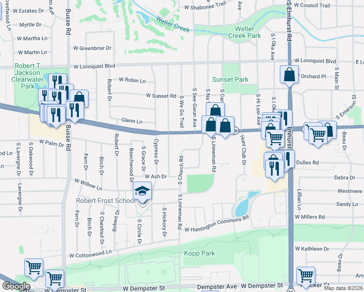 map of restaurants, bars, coffee shops, grocery stores, and more near 1005 South Lancaster Street in Mount Prospect