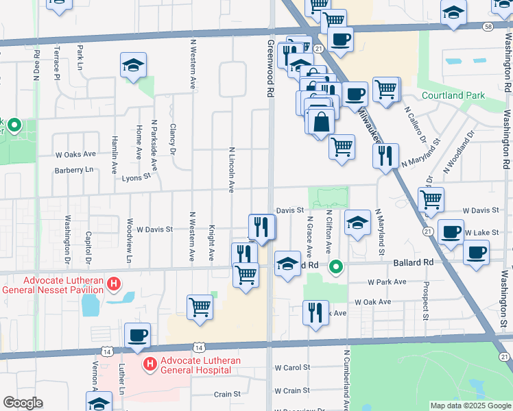 map of restaurants, bars, coffee shops, grocery stores, and more near 9131 Delphia Street in Des Plaines