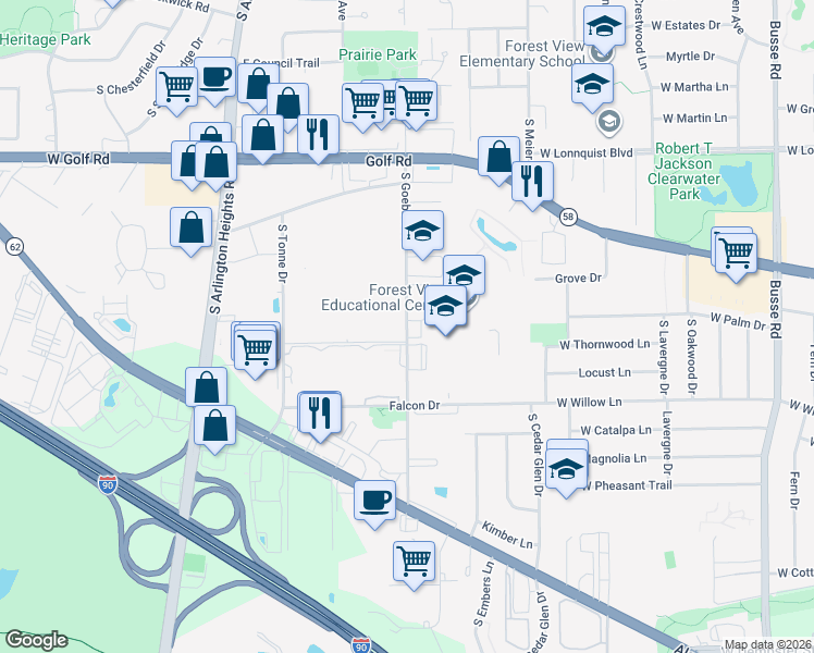 map of restaurants, bars, coffee shops, grocery stores, and more near 2139 South Goebbert Road in Arlington Heights