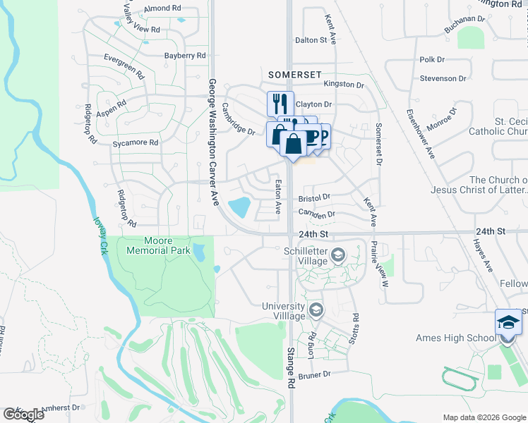 map of restaurants, bars, coffee shops, grocery stores, and more near 2422 Bradford Dr in Ames