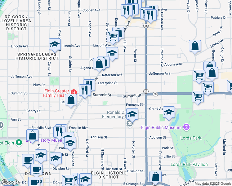 map of restaurants, bars, coffee shops, grocery stores, and more near 474 Summit Street in Elgin