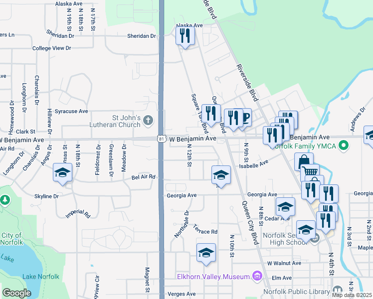 map of restaurants, bars, coffee shops, grocery stores, and more near 1201 Grant Avenue in Norfolk