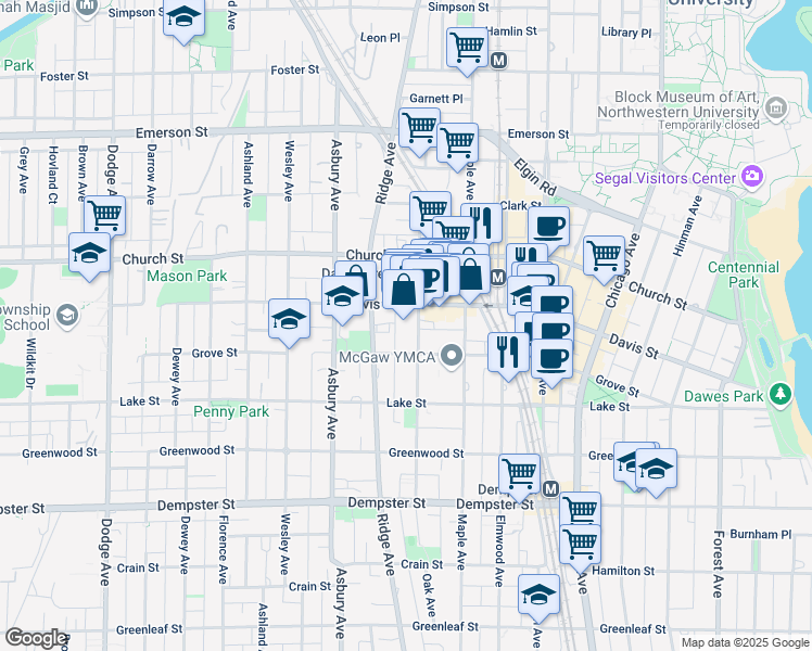 map of restaurants, bars, coffee shops, grocery stores, and more near in Evanston
