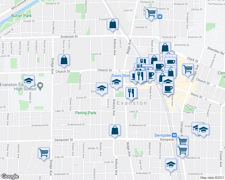map of restaurants, bars, coffee shops, grocery stores, and more near 1570 Asbury Avenue in Evanston